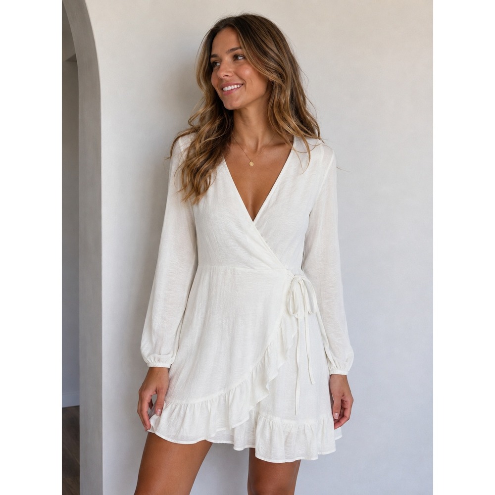 Altar'd State Womens S Whiteโ Wrap Mini Dress Ruffle Long Sleeve Bridal NWT